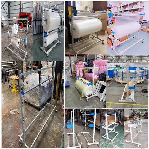 Hella Durable Bubble Wrap Roll Dispenser Cart Featuring Razor Edge Cutter And Smooth Gliding Casters setup with large rolls in warehouse.
