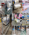 Heavy Duty Bubble Wrap Dispenser With Smooth Gliding Swivel Casters And Razor Sharp Built In Cutter Mobile Rolling Cart shown in various warehouse settings.