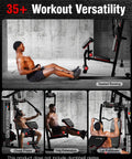 Person using All-In-One Home Gym Machine With Pulley System for Full Body Strength Training, showing seated rowing and chest press.