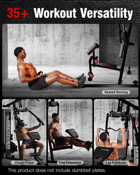 Person using All-In-One Home Gym Machine With Pulley System for Full Body Strength Training, showing seated rowing and chest press.