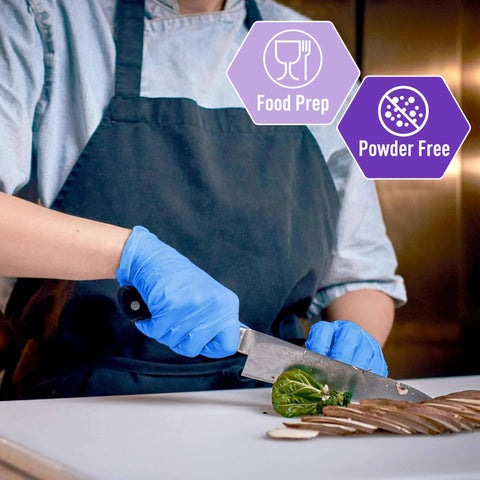 Person wearing blue Nitrile Vinyl Blend Exam Gloves Powder Free Latex Free Disposable Non Sterile Large while chopping vegetables