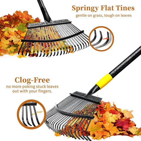 Heavy Duty Leaf Rake For Lawns With Back Saving Long Handle 65 Inch Gardening Rake With 18.5 Inch Wide Head And 25 Tines For Quick Yard Cleanup Anti Rust Steel Construction with springy flat tines and clog-free design, shown with fall leaves on grass.