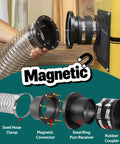 4 Inch Magnetic Dust Collection Kit featuring magnetic couplers and steel clamps, ensuring easy tool hose connections.