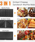 Aigostar 3 In 1 Electric Sandwich Maker With Removable Nonstick Plates Panini Press Grill And Waffle Iron 750W, showing waffle, sandwich, and grill plates.