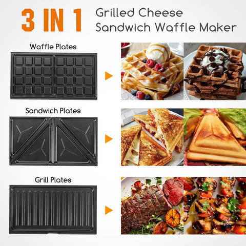Aigostar 3 In 1 Electric Sandwich Maker With Removable Nonstick Plates Panini Press Grill And Waffle Iron 750W, showing waffle, sandwich, and grill plates.