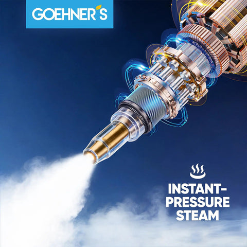 Upgraded Handheld Steam Cleaner For Home And Car Detailing At 230 Degrees F With 3.5 Bar High Pressure And 13 Foot Cord For Cleaning Grout And Hard To Reach Spots In Your Vehicle Or House Quick Heat Portable Steamer showing steam nozzle discharging instant-pressure steam.