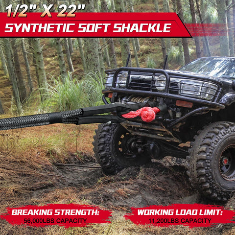 Two Pack One Half Inch By Twenty Two Inch Synthetic Soft Shackle Rope With Winch Ring For Road Recovery 56000 Lb Breaking Strength UHMWPE Rope pulling SUV in forest