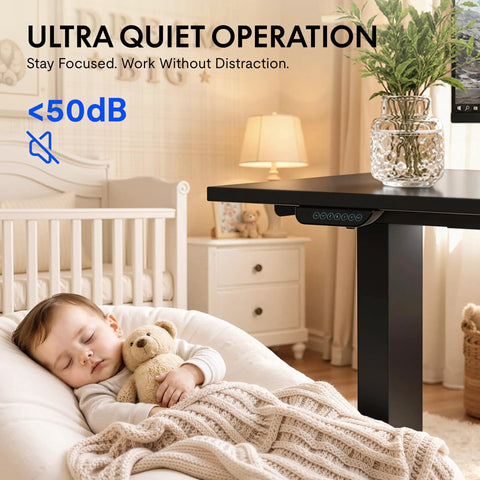 Rock Solid L Shaped Electric Standing Desk Triple Motor Height Adjustable Corner Workstation Sixty Three Inch Heavy Duty Sit Stand Home Office Desktop Smooth Operator For Multi Monitor Displays Black shown in a quiet room.