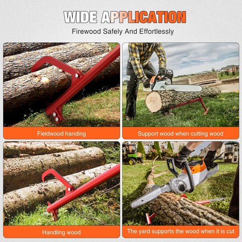 51 Inch Cant Hook For Log Rolling And Firewood Lifting, Heavy Duty Timberjack Tool With Adjustable Steel Cant Hooks, Rubber Grip Handle, Lets You Raise And Roll Logs Up To 15 Inches, Red, in use for wood handling and cutting support.