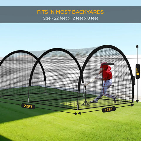 Backyard Portable Batting Cage Net For Baseball And Softball, Pop Up Cage 22 Ft By 12 Ft By 8 Ft with player inside