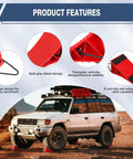 4 Pack Wheel Chocks For Trailers And RVs, hard plastic tire chocks with non slip base, shown installed on an SUV in rugged terrain