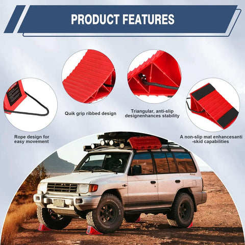 4 Pack Wheel Chocks For Trailers And RVs, hard plastic tire chocks with non slip base, shown installed on an SUV in rugged terrain