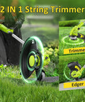 Cordless 20V Weed Wacker String Trimmer And Edger 2 In 1 With Wheel shown trimming and edging a lawn.