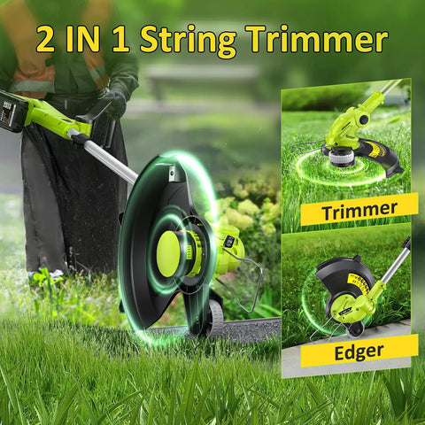 Cordless 20V Weed Wacker String Trimmer And Edger 2 In 1 With Wheel shown trimming and edging a lawn.