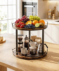 Dual Deck Lazy Susan Rotating Turntable Cabinet Organizer For Kitchen Spice Rack And Bulk Condiment Storage Rolls with fruits and coffee.