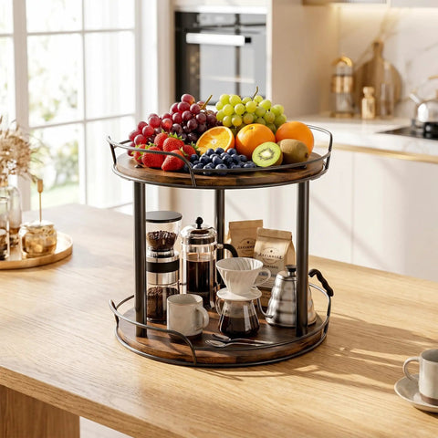 Dual Deck Lazy Susan Rotating Turntable Cabinet Organizer For Kitchen Spice Rack And Bulk Condiment Storage Rolls with fruits and coffee.