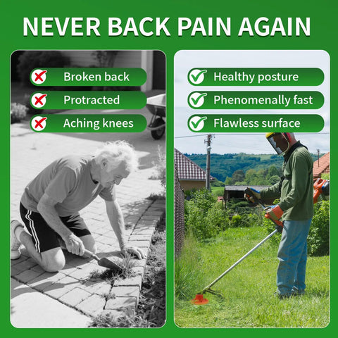 Comparison of old and new weed removal methods, highlighting benefits of a universal weed eater head for quick yard trims.
