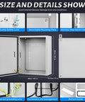 Built Like A Tank Heavy Duty Rugged Steel Junction Box 20X16X8 showing interior dimensions and safety lock features.