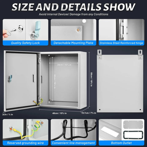 Built Like A Tank Heavy Duty Rugged Steel Junction Box 20X16X8 showing interior dimensions and safety lock features.
