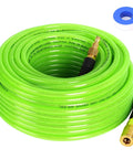 Flexible One Quarter Inch 100 Foot Reinforced PU Air Hose With Fittings And Plug Kit, green coil with fittings visible