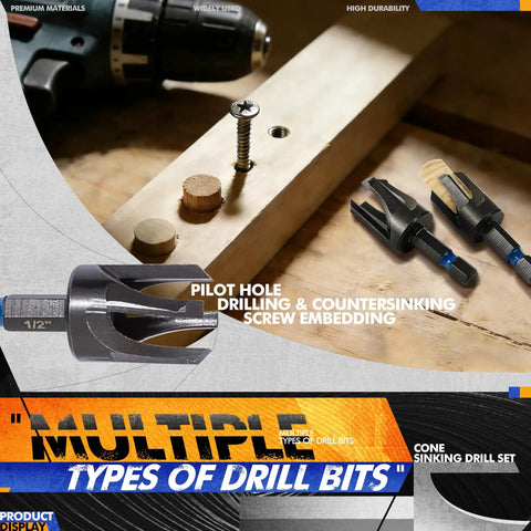 15 Piece Countersink Drill Bit Set With 2 Wood Plug Cutters 3/8 And 1/2 Inch, used for woodworking pilot hole drilling