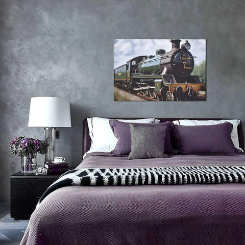 Steam Locomotive Train Canvas Wall Art 12 By 18 Inches Dope Living Room Decor Hanging Print For Bedroom Office Bathroom Aesthetic Wall Art Great For Gallery Wall Displays In Living Rooms Bedrooms Offices And More displayed in bedroom above bed.