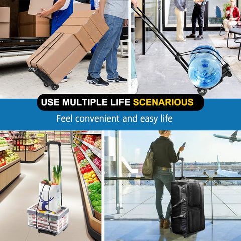 Folding Hand Truck Dolly With Wheels Lightweight Collapsible Cart in airport, shopping, and home scenarios, carrying luggage and boxes.