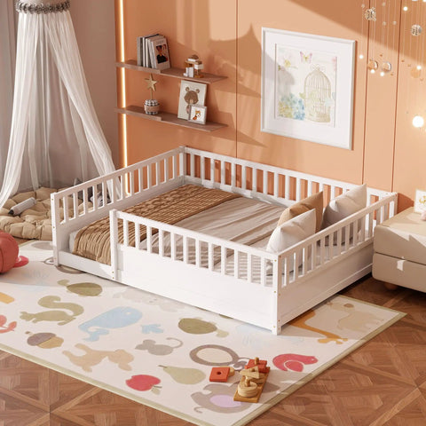 Queen Montessori Floor Bed With 21.46-Inch Wraparound Guardrails For Toddlers And Kids in a cozy room setting