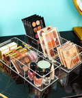 Sleek 3 Compartment Acrylic Organizers For Bathroom Vanity Counters Keeps Makeup And Cosmetics In Drawers Or On Desks This Compact Storage Case Is A Total Game Changer To Clear The Clutter And Keep Your Space Looking Crisp And Totally On Fleek with various cosmetics organized inside.