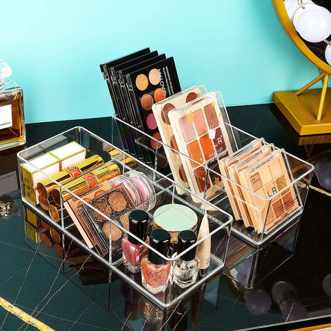 Sleek 3 Compartment Acrylic Organizers For Bathroom Vanity Counters Keeps Makeup And Cosmetics In Drawers Or On Desks This Compact Storage Case Is A Total Game Changer To Clear The Clutter And Keep Your Space Looking Crisp And Totally On Fleek with various cosmetics organized inside.