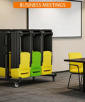 One Stop Folding Chair And Table Storage Cart With Rolling Wheels Holds 42 Chairs And 12 Tables Includes Rain Cover And Bungee Cords Perfect For Schools Banquets And Community Centers in use in a meeting room.