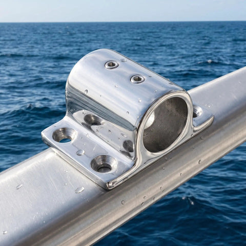 Stainless Steel Square Flag Pole Base Holder Deck Mount Bracket For Boats, Pontoon, And Yacht - 22mm Marine Pipe Mount, Beefy, Dock-Ready Flag Pole Bracket, Universal Fit, Rugged Marine Hardware on rail