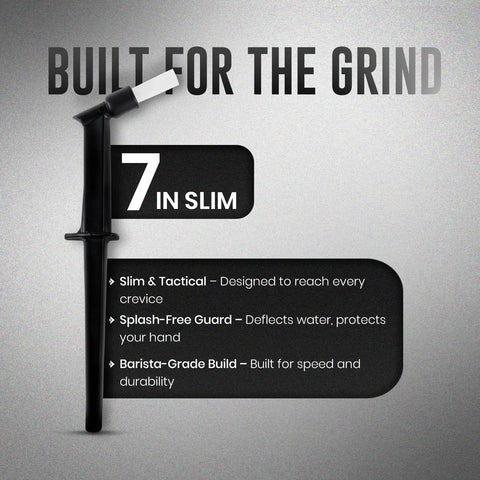 Slim 7 Inch Group Head Cleaning Brush With Drip Guard For Espresso Machines, image showing brush design and features.