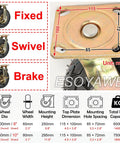 Heavy Duty Rubber Caster Wheels 4 Pack, 10 Inch Swivel Plate Casters With Brakes, showing fixed, swivel, and brake options with dimensions.