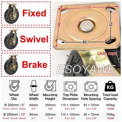 Heavy Duty Rubber Caster Wheels 4 Pack, 10 Inch Swivel Plate Casters With Brakes, showing fixed, swivel, and brake options with dimensions.
