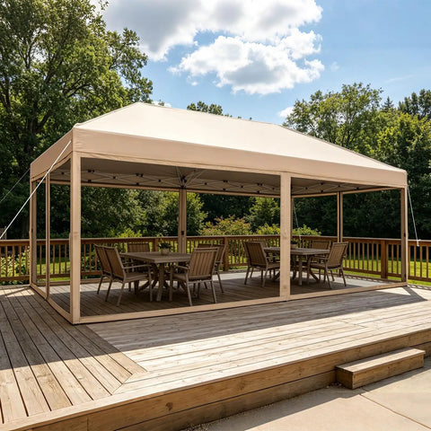 10x20 Pop Up Canopy Tent With Mosquito Netting on a patio, waterproof shelter, beige, easy setup, outdoor events