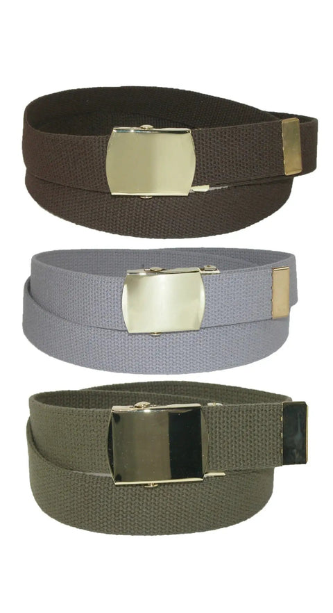 Big And Tall Cotton Adjustable Belt With Brass Buckle Khaki 1.25 Inch Wide Up To 60 Inches Cut To Fit Removable Military Buckle
