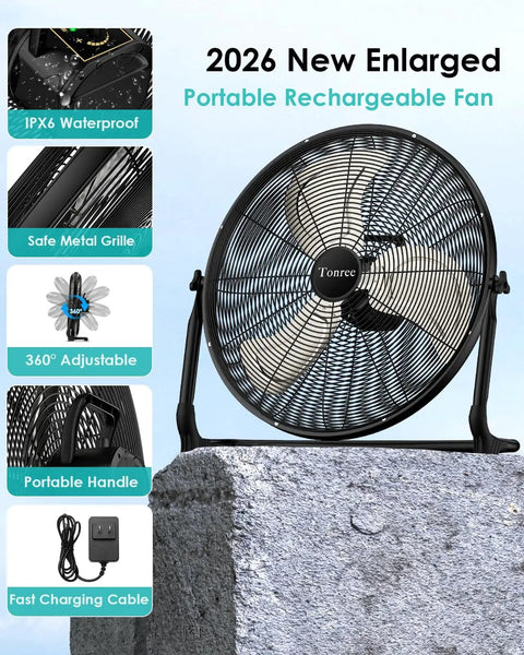 20 Inch Large Solar Powered Floor Fan Portable Battery Operated Cordless Wireless Camping Fan Outdoor Waterproof High Airflow 50W Rechargeable