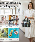 Woman holding Must Have Portable Shower Caddy For Dorm Life With 8 Pockets S Hook Storage Bag ideal for college and gym use.