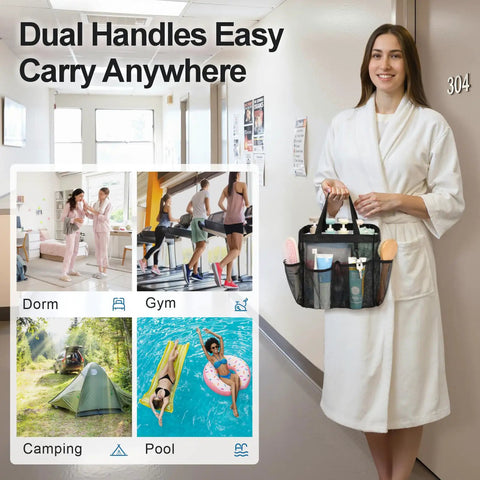 Woman holding Must Have Portable Shower Caddy For Dorm Life With 8 Pockets S Hook Storage Bag ideal for college and gym use.