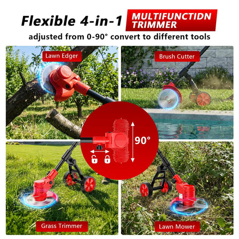 Cordless Electric Weed Wacker 4 In 1 Grass Trimmer With Wheel 650 Watt Motor Dual Battery Power No String Trimmer With Blade Edger