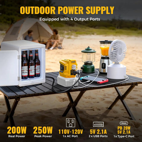 DeWALT 20V Battery Compatible 200W Power Inverter powers fan, lantern, blender, and mini fridge on outdoor camping table.