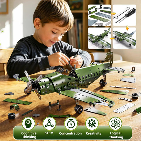 Child assembling Metal Model Airplane Kit For Kids Ages 8 12, STEM Building Toy With 285 Parts And Tools, detailed view.