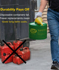 Person holding a Heavy Duty 5 Gallon Type I Green Safety Gas Can That Keeps The Mess Away Built Like A Tank For Oil And Flammable Fluids.