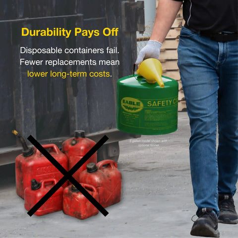 Person holding a Heavy Duty 5 Gallon Type I Green Safety Gas Can That Keeps The Mess Away Built Like A Tank For Oil And Flammable Fluids.