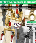 360 Degree Rotating Garden Hose Splitter With Independent Valves, 3/4 Inch GHT Brass High Flow Splitter, Heavy Duty Faucet Attachment For Outdoor Yard, Swivel Heads For Easy Hose Management showing brass body and 0.9in inlet