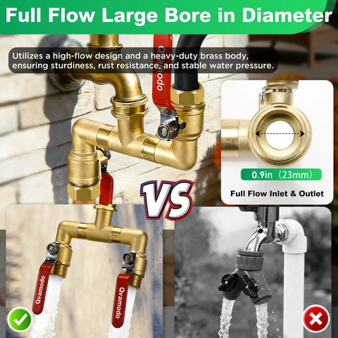 360 Degree Rotating Garden Hose Splitter With Independent Valves, 3/4 Inch GHT Brass High Flow Splitter, Heavy Duty Faucet Attachment For Outdoor Yard, Swivel Heads For Easy Hose Management showing brass body and 0.9in inlet