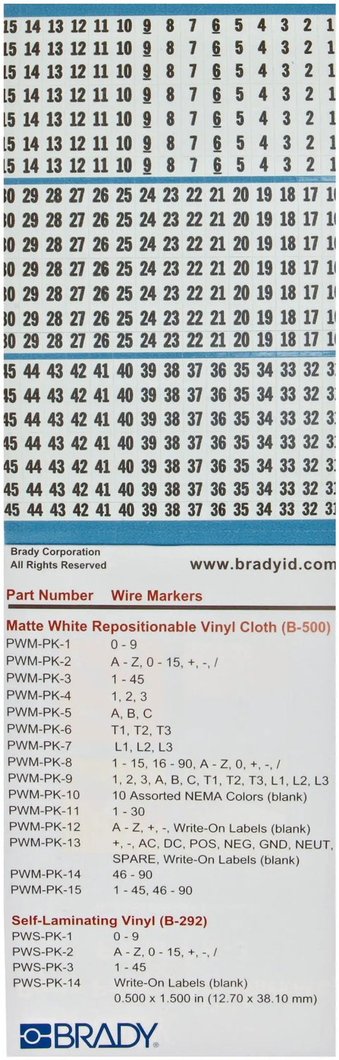 Heavy Duty Repositionable Vinyl Cloth Wire Marker Set Black On White With 1 Through 45 Numbers chart and labels