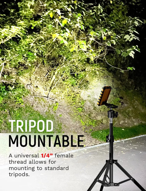 Rechargeable Magnetic LED Work Light 40W 1500 Lumens mounted on tripod for outdoor lighting