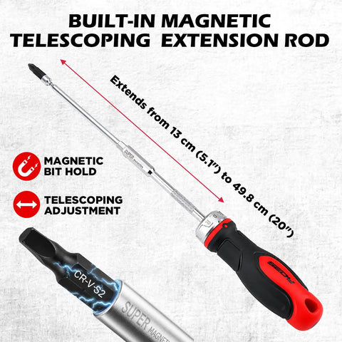 Ultimate 26-Piece Ratcheting Screwdriver Bit Set With S2 Steel Bits, Magnetic Driver And Telescopic Rod extended to 49.8 cm